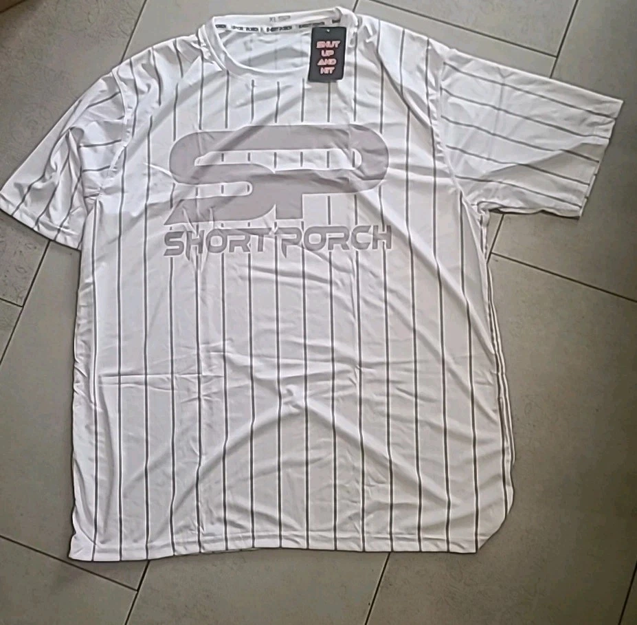 Short Porch (Shut Up And Hit) Short Sleeve Shirt, white with grey stripes