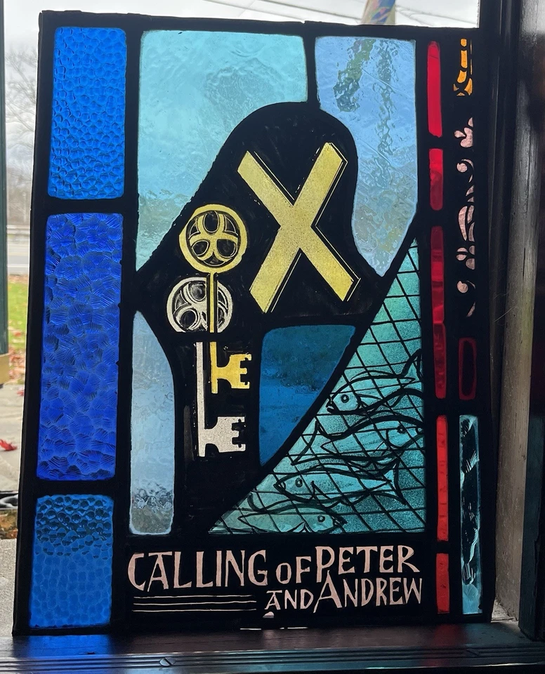 ANTIQUE CHURCH WINDOW "calling of Peter and Andrew" PAINTED FIRED GLASS 1940 NYC - Image 2 of 4