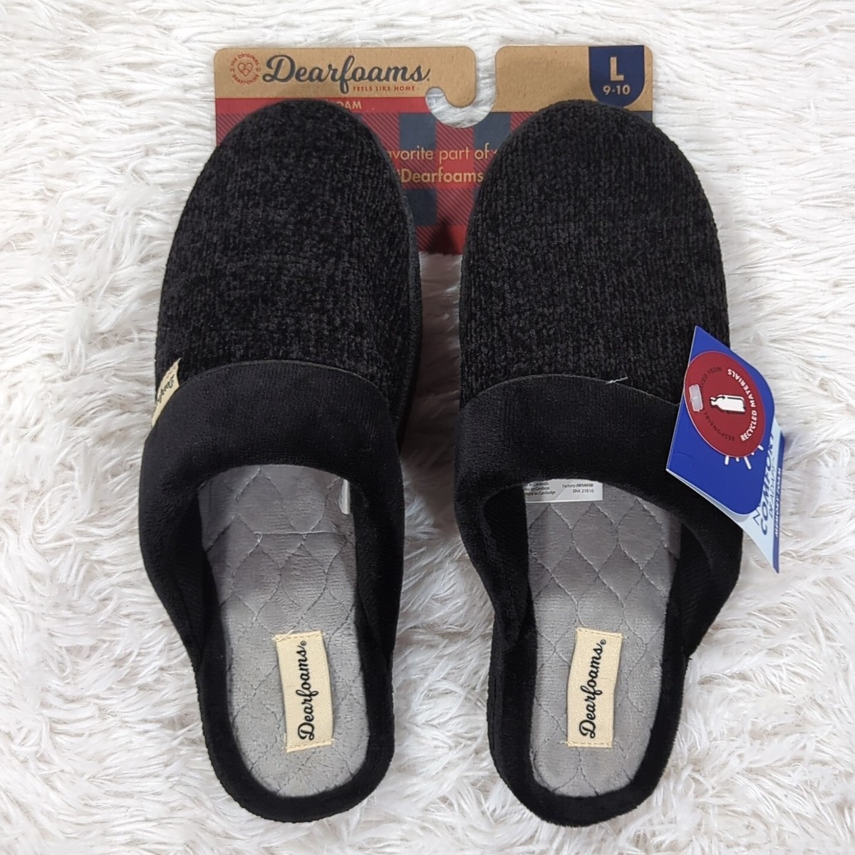 Womens Dearfoams Samantha Chenille Closed Toe Scuff Slippers Black Sz Large  9-10