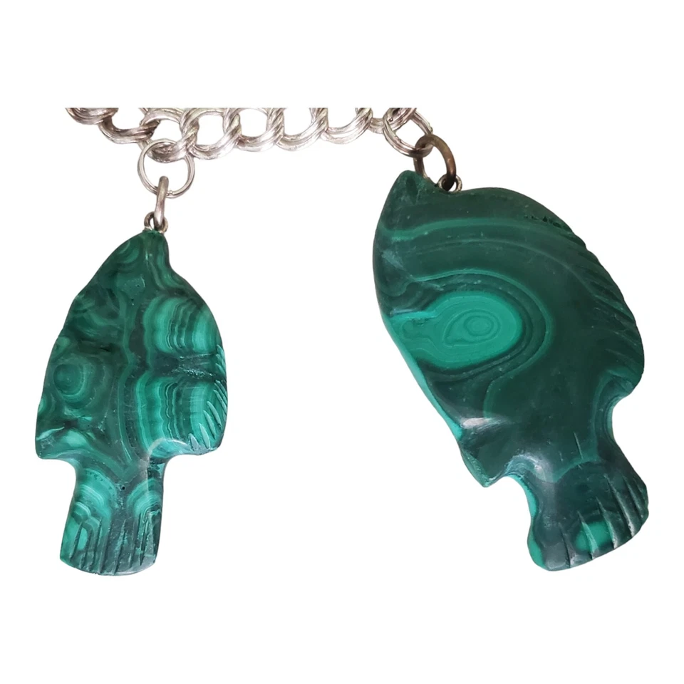 Pulseira de prata esterlina 925 elo duplo 7" Itália 5 berloques esculpidos em peixe malaquita - Imagem 4 de 4