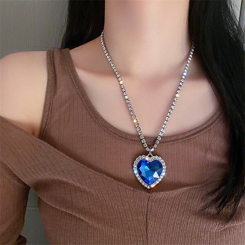 Huge Platinum White Gold Titanic Heart of the Ocean Blue Rhinestone Necklace - Picture 7 of 12
