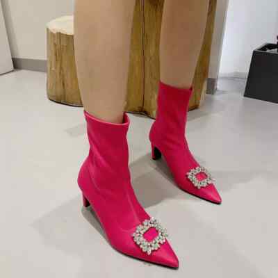 Stiefel Schuhe Stiefeletten Rosa Absatz Satin Kunstleder Bequem 44025