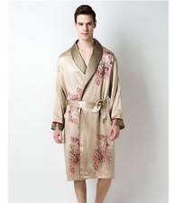 Men's 19MM 100 Mulberry Silk Robe Embroidery Silk Sleepwear Bathrobe Champagne