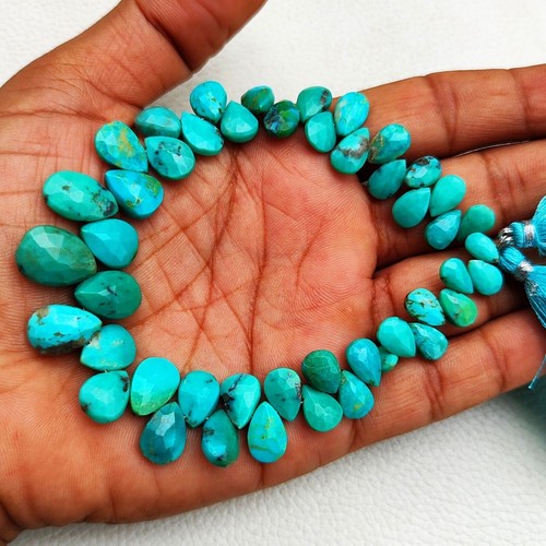 Natural Turquoise Gemstone 9x6 to 14x10mm Size Faceted Pear Briolette 8" Strand - Picture 3 of 12