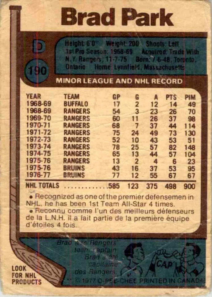 1977-78 O-Pee-Chee Brad Park #190 - Image 2 of 2