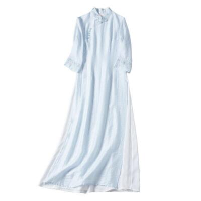 Womens Chinese Cheongsam Jacquard Stand Collar Embroidered Floral Qipao Dress