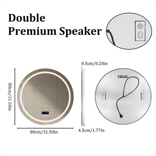 31.5" Round LED Bluetooth Bathroom Mirror w/ Time Date Display Screen Wall Mount - Picture 8 of 18