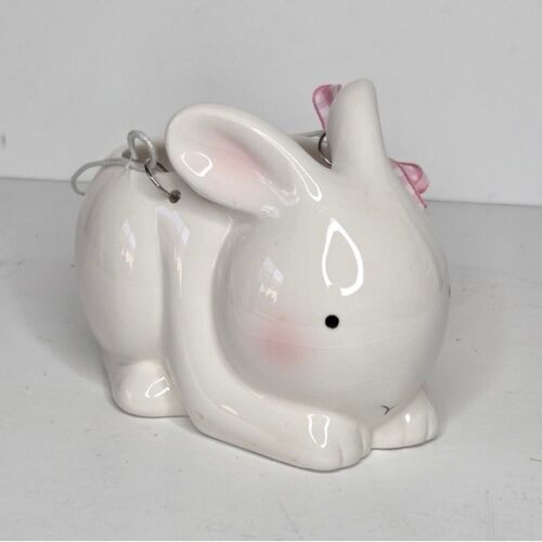 Hallmark White Ceramic Bunny Planter Flower Vase Pink Gingham Plaid Ribbon Bow - Picture 3 of 12