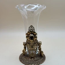 1960s Hollywood Regency 7" gold Tone and glass flower bud vase Cherubs Flower.