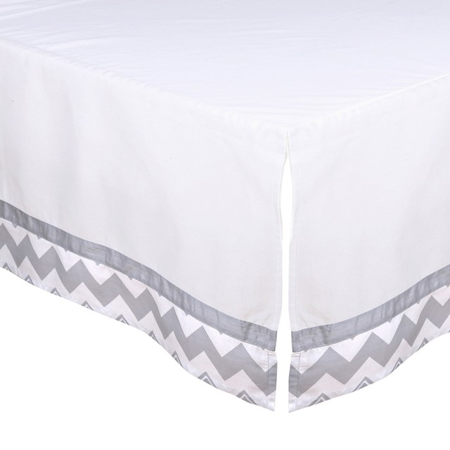 White Tailored Crib Skirt Dust Ruffle With Grey Chevron Trim By