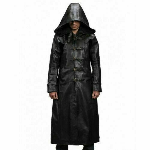MEN'S HUNTSMAN BLACK GOTHIC HOODED LEATHER TRENCH COAT | eBay