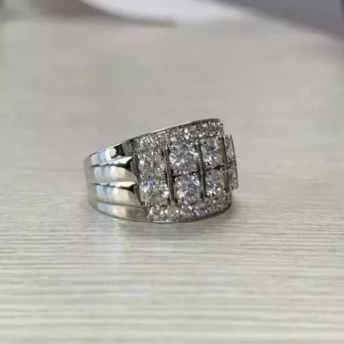 2.50Ct Real Moissanite Cluster Men's Wedding Band Ring 14K White Gold Plated - Picture 4 of 7