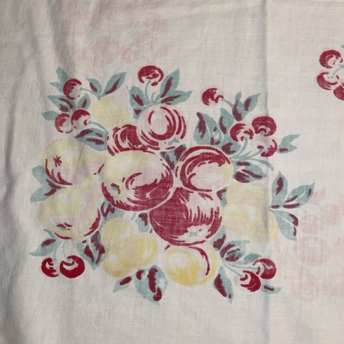 Vintage Tablecloth Apple & Cherries- Celadon Leaves 48x44” Faded Red Border