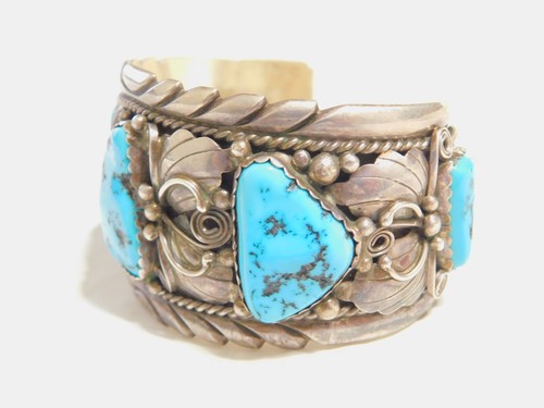 Native American V Chee Heavy Sterling Silver Turquoise Large Cuff - Picture 9 of 13