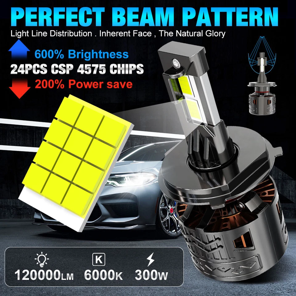 120000LM CSP LED Headlight Bulbs Kit High Low Beam 300W Super Bright 6000K White - Image 2 of 4