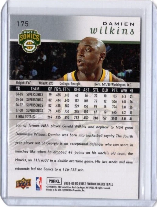DAMIEN WILKINS NBA SuperSonics 2008-09 UD Auto Autographed Signed #175 Card - Image 2 of 2