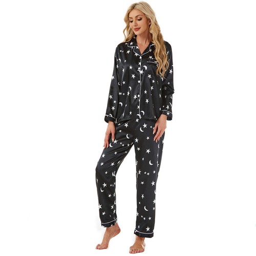 Womens Satin Pyjamas Ladies PJs Silk Long Sleeve Soft Nightwear Sleepwear Set - Picture 61 of 73