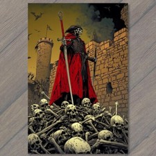 FLATCARD Woman in Red Coat Gothic Fantasy Castle Skeletons Dark Illustration