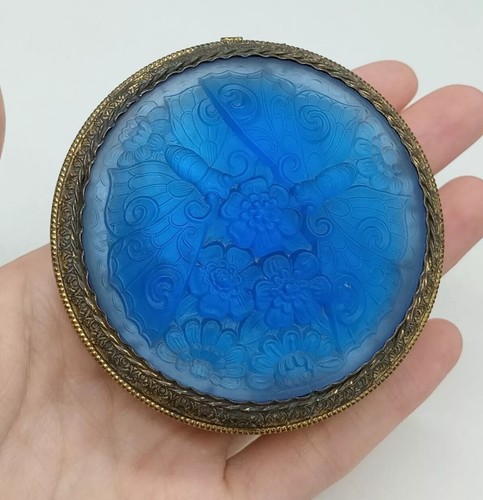 Caja de polvo compacta de colección, con mariposa de vidrio azul, Art Nouveau, de Rene para Lalique - Imagen 7 de 24