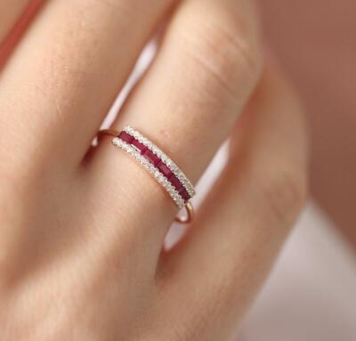 Baguette Cut Ruby 0.40ct Rose Gold Ring 14K 34 Diamonds 0.20ct Yellow Gold VS G
