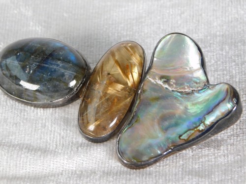 Vintage Rebecca Collins Sterling Silver Mop Rutilated Quartz Labradorite Brooch - Picture 6 of 11