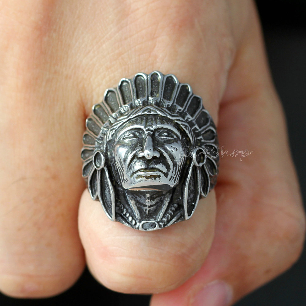 Mens Indian Chief Head Ring Native American Stainless Steel