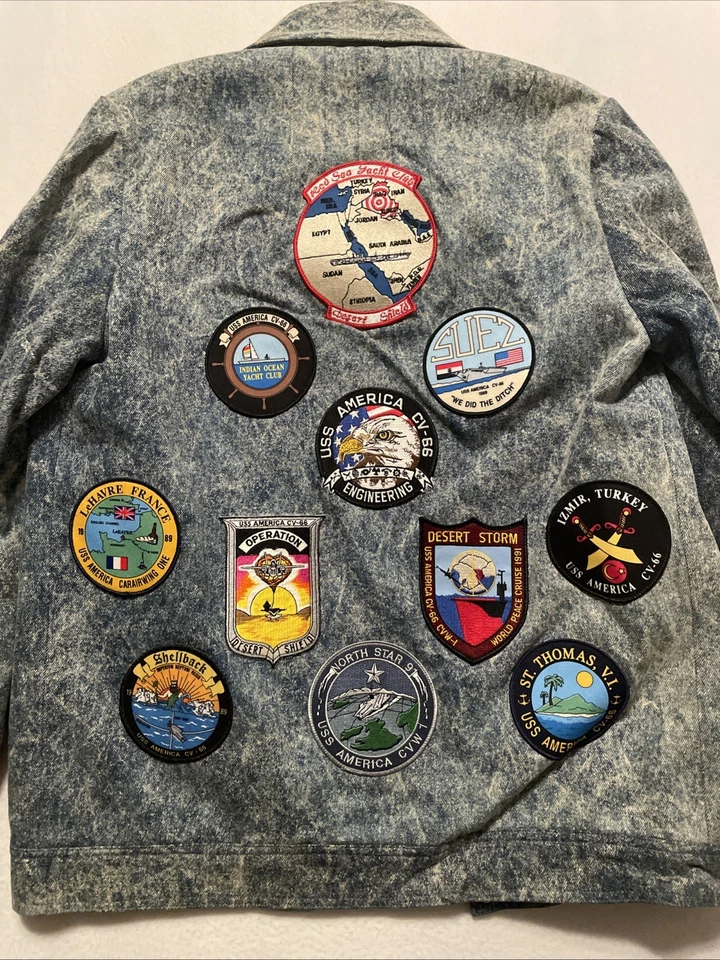Vintage 90’s Desert Storm Custom Bomber Denim Jean Jacket Navy Military Patches - Image 2 of 4