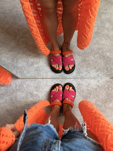 Damen Pantoletten Italy Design Fuchsia Orange Sandalen Wildleder Optik Gr. 39 - Bild 5 von 8