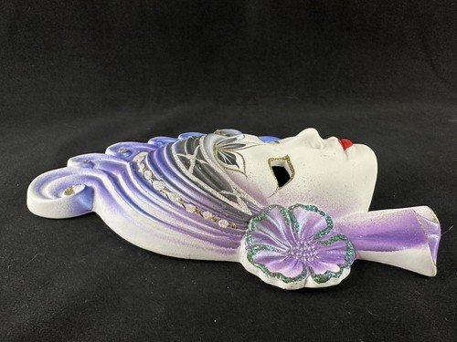 Venetian Carnival Mask Hand Painted Ceramic Wall Hanging Italian White Purple - Picture 9 of 14