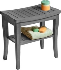 Grey Shower Bench Small Wooden Shower Stool W/ Storage Shelf Non-Slip Bathroom