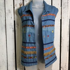 VTG Casey Max Denim Vest Embroidered Floral Fringe XL Chambray Top Western Boho