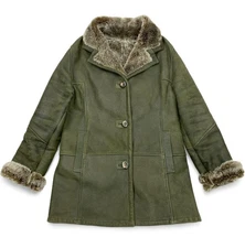 Wolff Canada Shearling Sheepskin Olive Green Leather Fur Coat Jacket Women's L