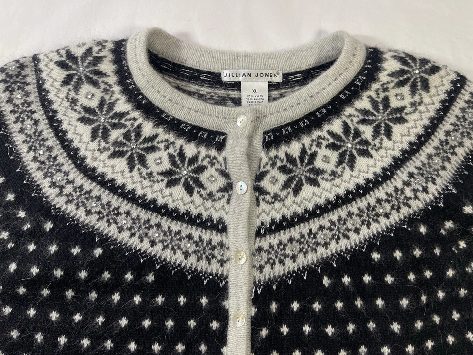Cárdigan Jillian Jones XL Negro Abotonado Gris Fair Isle Angora Lana Suéter Foto 2 de 4