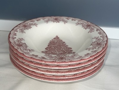 Staffordshire YULETIDE Christmas Tree Poinsettia Wide Rim Soup Pasta Bowls Set 5
