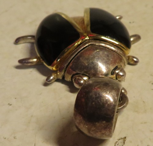 Vintage Unsigned Gold Silver Tone Beetle Bug Black Pendant Charm Used 1-7/8" Lon - Picture 6 of 15
