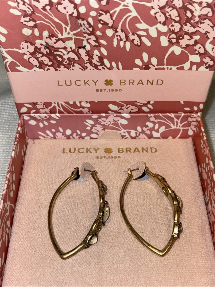 Lucky Brand Gold Tone Oval Hoop Earrings W/ Milky White Stone. 2” New In Box - Image 2 of 4