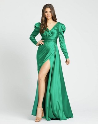 Mac Duggal Emerald Green Puff Long Sleeve Satin Faux Wrap Gown Sz 10 $398