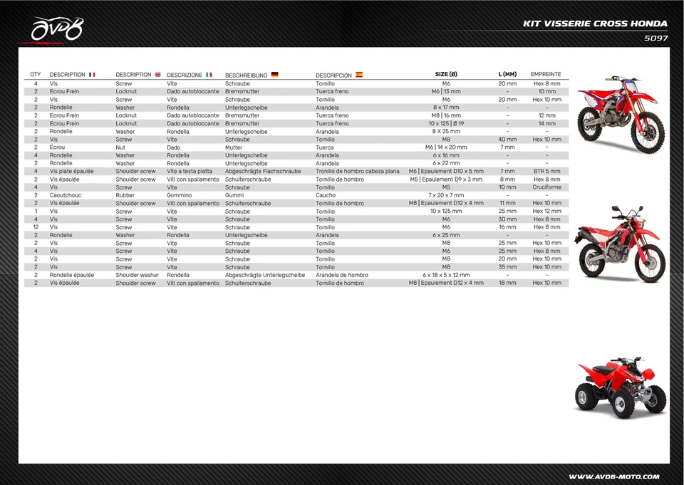 Kit Intermédiaire Visserie /Vis pour HONDA CRF 300 RX CRF300RX 2020-2023 /73Pcs - Photo 4/4