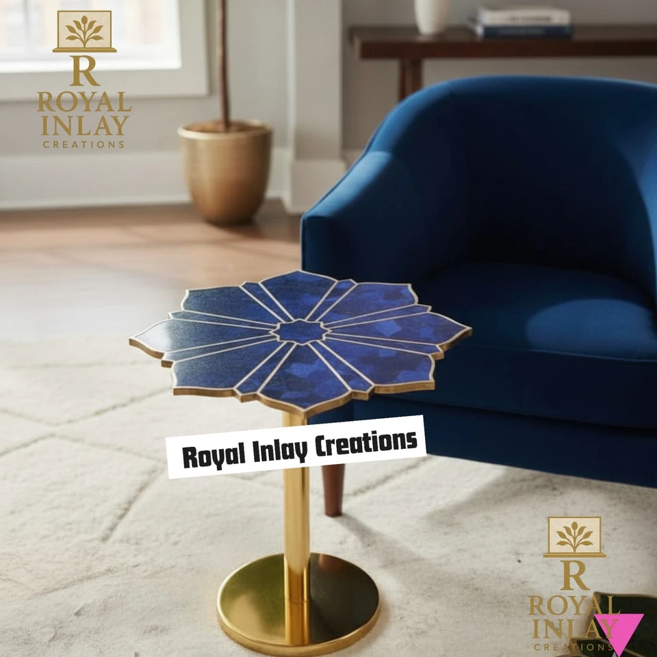 Lapis Lazuli Flower Accent Brass TableTop w/o Stand , Lapis Gemstone Side Table - Image 4 of 4