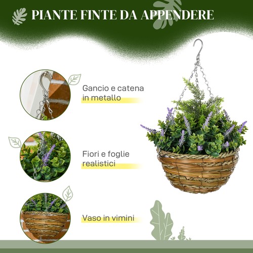 Outsunny Set 2 Piante Artificiali con Vaso e Gancio Ø25x34 cm Verde Viola - Foto 5 di 10