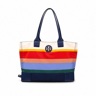 Tory Burch Ella Tote Bag Womens Large Multicolor Stripe Nylon Leather Shopper