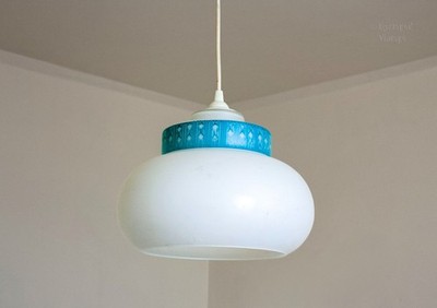 Opalglas Pendelleuchte blau türkis Band französisch Vintage Mid Century Leuchte