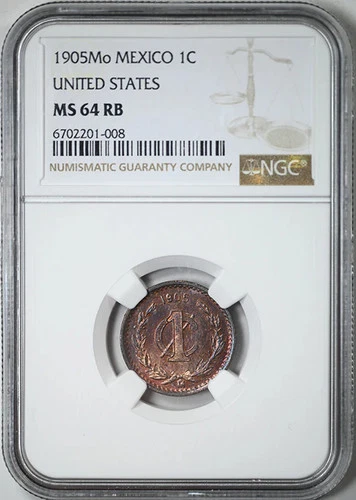 1905 Mo Mexico Estados Unidos Mexicanos 1C Centavo NGC MS64RB - TONED!