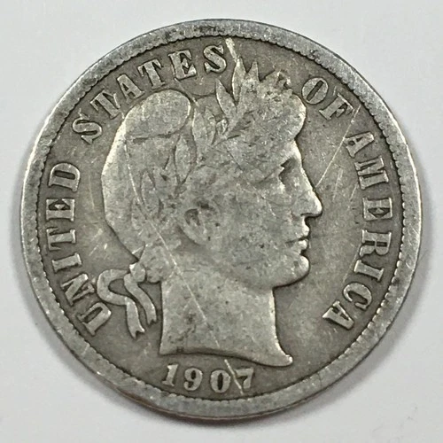1907 Barber Dime - Fine (F) KM#113 Details Scratch - 90% Silver - 8368