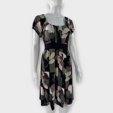 Elle Women’s Size Small Black Gray Floral Print Pullover Tie Waist Mini Dress