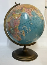 Vintage 12" World Blue Globe Map Brass Looking Base, Academia Homeschool Decor