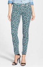 NWT MSRP 125 MICHAEL KORS JET SET Leopard Print Skinny Jeans, Tile Blue, Size 0