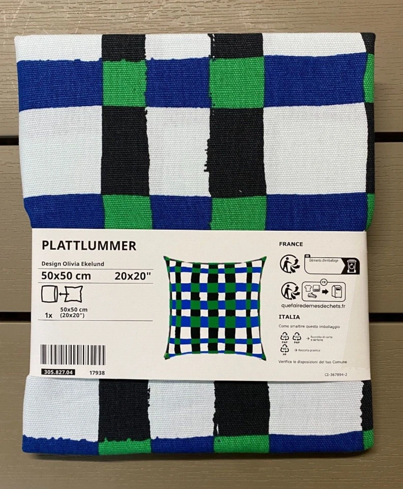 Housse de coussin IKEA PLATLUMMER, vert-bleu, 50x50 cm / 20x20" 100% coton NEUF - Photo 1/1