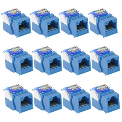 12 Pcs Cat6 RJ45 Network LAN Ethernet Keystone Jack Tool Less Snap In 8P8C Blue