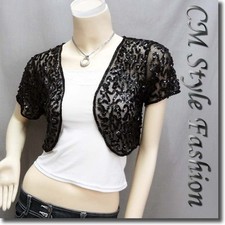 Chic Sequined Embroidered Short Shrug Bolero Top Black XS